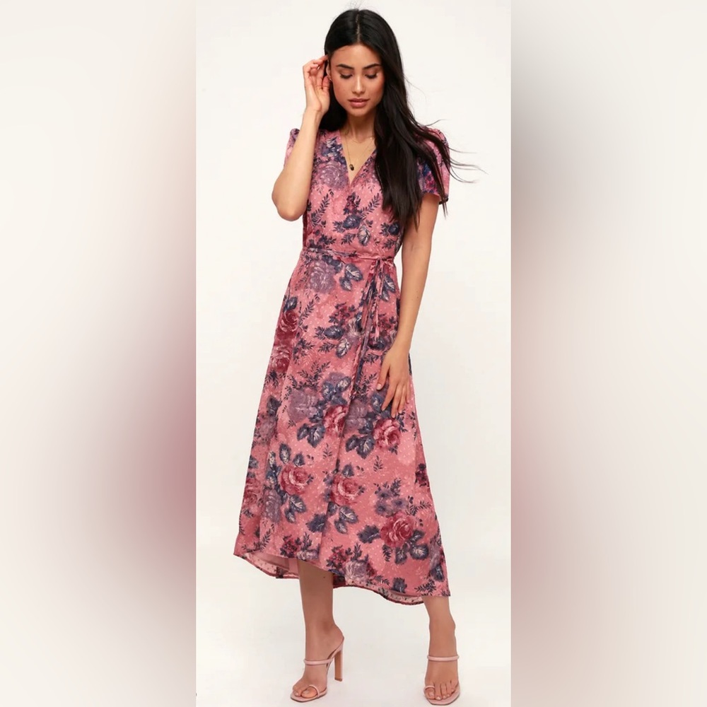 Wayf Pink Floral Pink Midi Wrap Dress